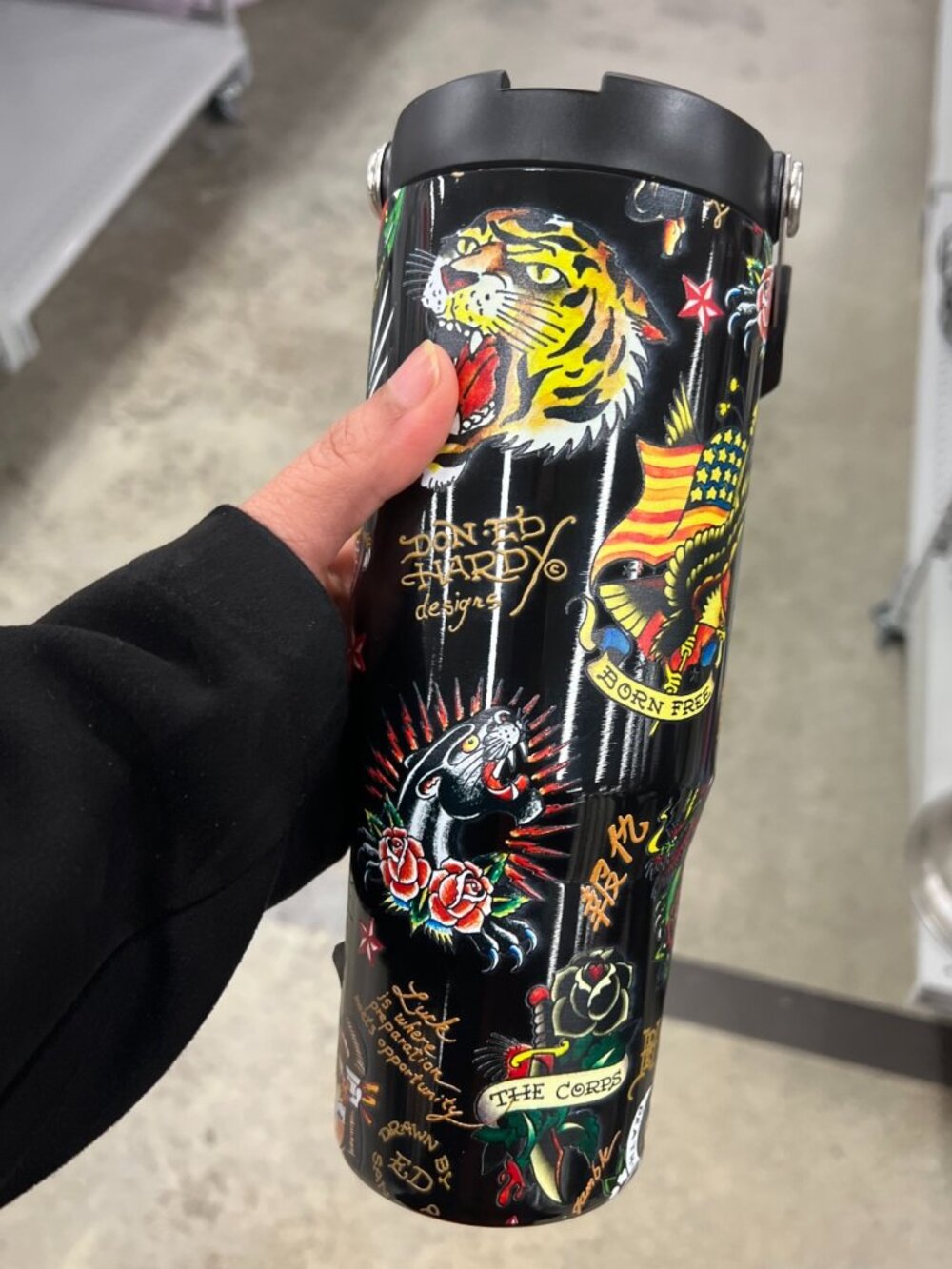 Ed Hardy Flip Top 30 oz. Stainless Steel Tumbler Tattoo All-Over Pattern